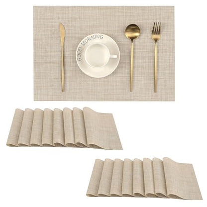 Woven Vinyl Beige Placemats Set of 16, Linen Look & Easy to Clean - color: Beige, size: Set of 16