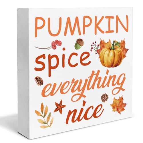 Fall Decor Pumpkin Maple Leaf Wooden Box Sign Pumpkin Spice Everything Nice Decorations Rustic Home Desk Shelf Tabletop Decor 5 x 5 Inches - color: Multicolor PUMPKIN