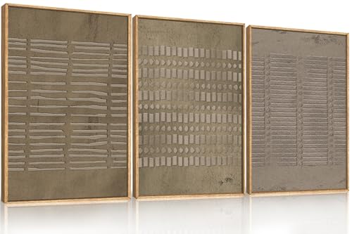 Aryroi Large Abstract Brown Beige Framed Canvas Wall Art Set- 16"x24"x3 - color: Mid Century Lines Wall Art, size: 16"L x 24"W