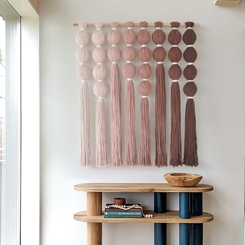 Macrame Wall Hanging Dip Dyed Red Yarn Balls Tassel Boho Decor 27"W*31"L - color: Brown Red