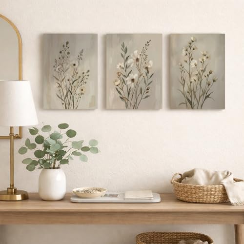 Neutral Wildflower Canvas Wall Art Set of 3, Beige Floral, 16x24 Inch - color: Light green flowers and grass, size: 16x24 inch