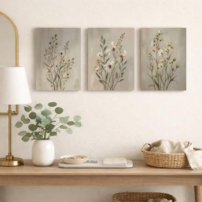 Neutral Wildflower Canvas Wall Art Set of 3, Beige Floral, 16x24 Inch - color: Light green flowers and grass, size: 16x24 inch