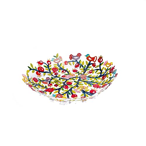 Emanuel Yair Decorative Metal Fruit Bowl | Vibrant Hand Painted Bowl | Hangable Centerpiece for Home Decor and Gifting | Judaica Art (14 inch, Pomegranate Tree) - color: Pomegranate Tree, size: 14 inch