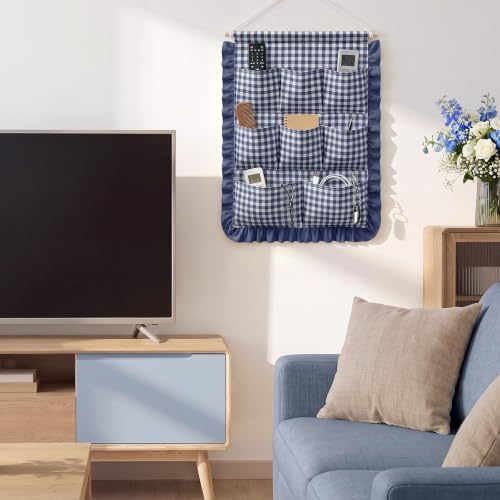Amyhill Gingham Wall Hanging Organizer with Pocket Ruffled, Navy Blue - color: Navy Blue