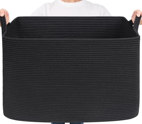 Goodpick 105L Extra Large Woven Rope Blanket Basket, Rectangle, Black - color: Black, size: XX-Large(25"L x 16"W x 16"H)
