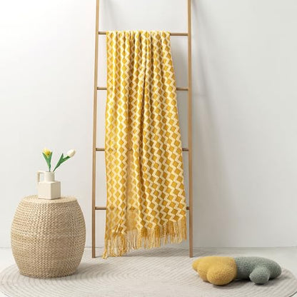 Double Diamond Acrylic Knitted Throw Blanket, Yellow, 50x60 - color: Yellow
