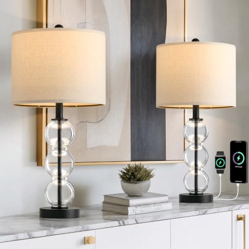 Oneach 25" Glass Table Lamps Set of 2, Black Modern Table Lamps with USB Ports for Living Room, Linen Shade Bedside Lamps for Bedroom, Nightstand, Side Table (Bulbs not Included) - color: Black