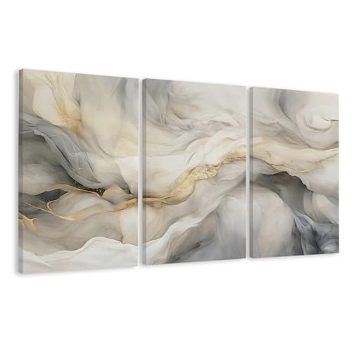 EJPFOGV Triptych Grey White Gold Wrapped Canvas Wall Art 20x30 inches x3 | Wooden frame, UV-resistant ink, Giclée printing process, Pre-installed hooks make it easy to hang home or office wall decor - color: cloud yarn, size: 30"L x 20"W