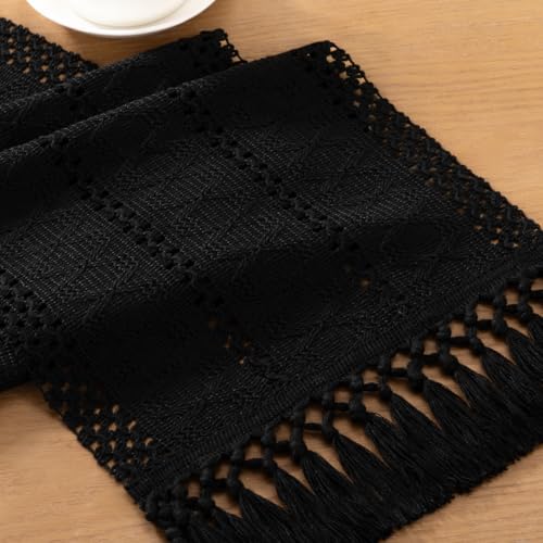 Boho Macrame Table Runner Black Burlap Small Dresser Runner - color: Black, size: 12" × 90"