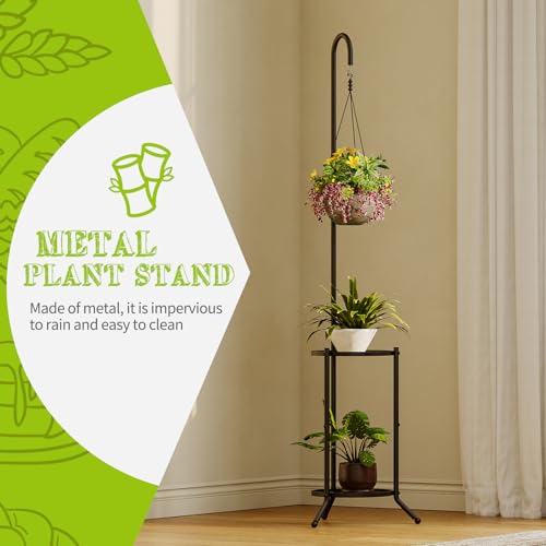 BMOSU Plant Stand with Hooks Indoor Outdoor Corner Tall Plant Stand Heavy-Duty Metal 3-Tier Plant Shelf Holder Rack for Patio Garden Balcony Living Room Bedroom(semicircular Black)