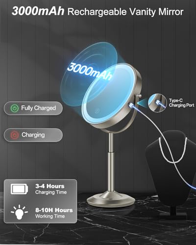 8" Lighted Makeup Mirror with Light,30X Magnifying Height Adjustable Mirror - color: Brushed Nickel