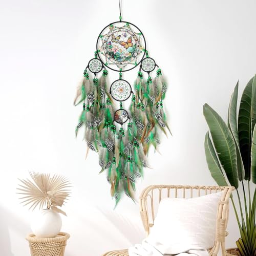 Large Dream Catchers, Rainbow Healing Crystal Tree of Life Dreamcatcher with Butterfly Suncatcher for Windows Hangings Decor, Home Wall Hanging Decor,Adults Boys Girls Festival Blessing Gift (Green)