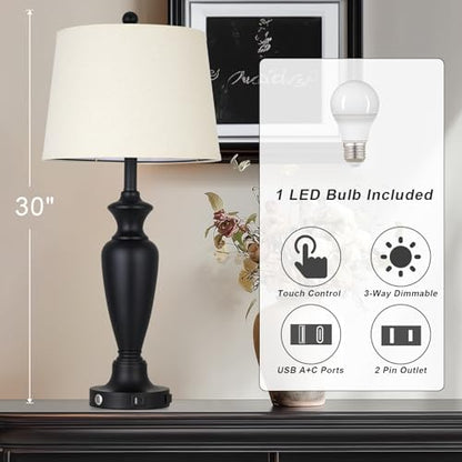 Black Table Lamp for Living Room Single, 30″ Tall Touch Control Bedside Lamp for Bedroom, 3-Way Dimmable Nightstand Lamp with USB A+C Ports and AC Outlet (1 Pack) - color: Black - 30"H - 1 Pack