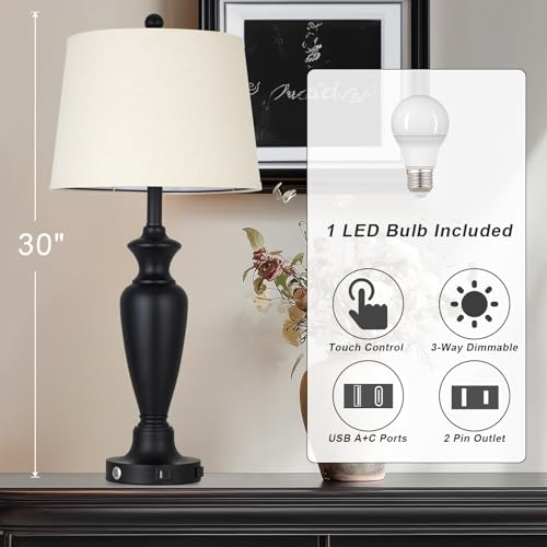 Black Table Lamp for Living Room Single, 30″ Tall Touch Control Bedside Lamp for Bedroom, 3-Way Dimmable Nightstand Lamp with USB A+C Ports and AC Outlet (1 Pack) - color: Black - 30"H - 1 Pack