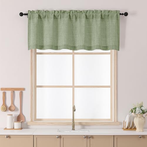 Chyhomenyc Green Valance for Windows, Light Filtering Faux Linen Slub Textured Small Kitchen Valance, Rod Pocket Top Window Short Curtain for Bathroom Basement Farmhouse, 60Wx20L Inch, 1 Panel - color: Green, size: 60"W x 20"L (Pack of 1)
