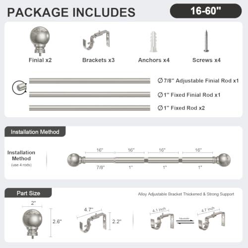 Brushed Nickel Curtain Rods 16-60 Inch Heavy Duty 1 Inch Diameter - color: Nickel, size: 16"-60"|1 Pack