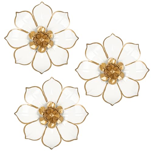 Villa Como Set of 3 White and Gold Metal Flowers Wall Art Decor 10" - color: # 3 White and Gold