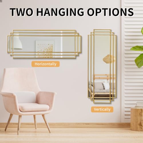 42"x16" Rectangle Beveled Wall Mirror with Black Geometric Frame - color: Gold, size: 42"L x 16"W