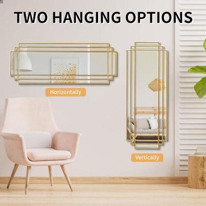 42"x16" Rectangle Beveled Wall Mirror with Black Geometric Frame - color: Gold, size: 42"L x 16"W