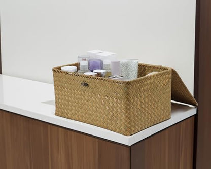 Seagrass Wicker Storage Basket with Lid, X-Large, Natural - color: Natural, size: 14.3" x 9.4" x 6.9"