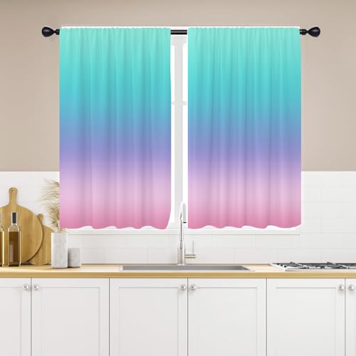 Teal Pink Kitchen Curtains, Ombre, 27.5" W x 39" L, Rod Pocket - color: Teal Pink, size: 27.5"W x 39"L (Pack of 2)