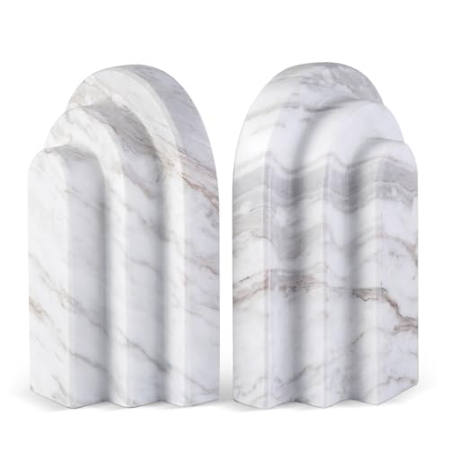 Natural Marble Book Ends - Heavy Duty Bookends for Shelves - Aesthetic Layered Arch Design Stone Book Holders, Modern Office Bookshelf Stopper Decor for Books/CDs (Volakas) - style: Arched-Volakas