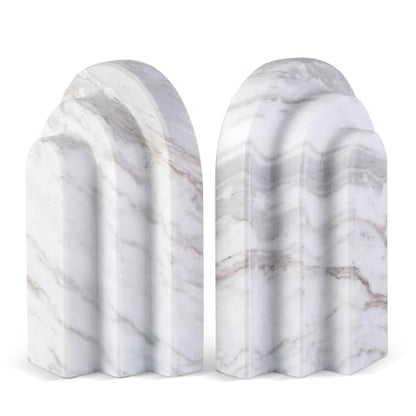 Natural Marble Book Ends - Heavy Duty Bookends for Shelves - Aesthetic Layered Arch Design Stone Book Holders, Modern Office Bookshelf Stopper Decor for Books/CDs (Volakas) - style: Arched-Volakas