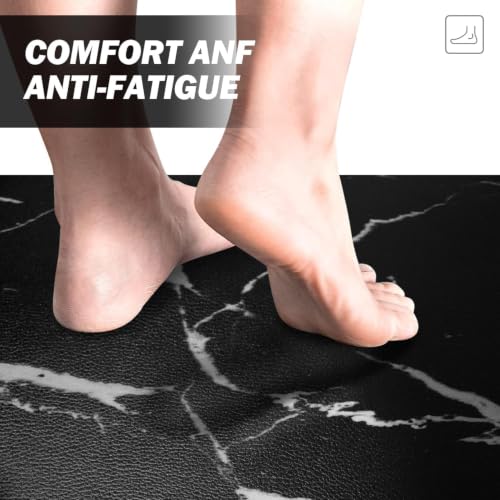 Mrcrypos Black Marble Kitchen Mat for Floor Anti Fatigue Kitchen Mat Set Non-Skid Waterproof PVC Leather (2 Pcs) for House Sink Office Kitchen Runner Mat 17.3" W X 29" L + 17.3" W X 47" L - size: 17.3"W x 29"L x 0.4"Th + 17.3"W x 47"L x 0.4"Th