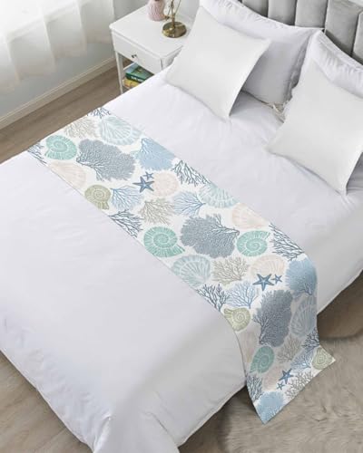 Blue Teal Coral Bed Runners for King Size Bed, Decorative Bed Throws for Foot of Bed, Summer Beach Starfish Coastal Modern Geometric Bed Runner Sofa Throw Bedding Scarf Protector Slipcover for Bedroom - color: Texturedle6220, size: 94"x20" for King Bed
