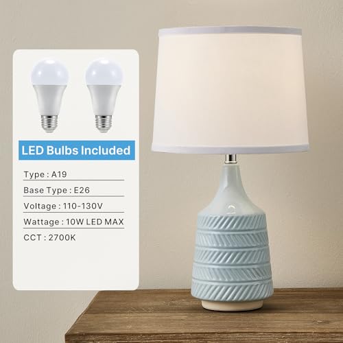 Sky Blue Ceramic Table Lamps Set of 2, 18.5" Modern Bedside Lamps for Night Stands, Classic Small Lamps for Living Room End Tables, Farmhouse Boho Lamp for Bedroom Office, LED Bulbs Included - color: Sky Blue