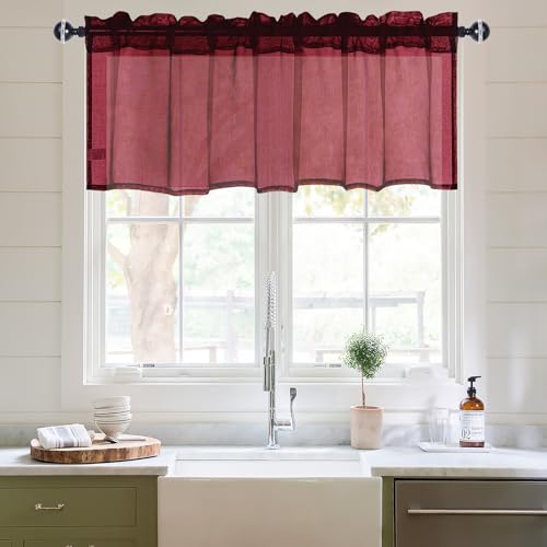 DWCN Sheer Curtain Valance - Faux Linen Window Curtain for Bathroom & Kitchen Windows - Rod Pocket Semi Sheer Drapes, Burgundy, 1 Panel, 42W x 18L Inch - color: Burgundy, size: 42"W x 18"L (Pack of 1)