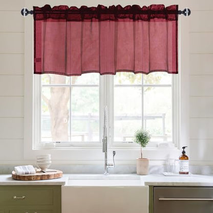 DWCN Sheer Curtain Valance - Faux Linen Window Curtain for Bathroom & Kitchen Windows - Rod Pocket Semi Sheer Drapes, Burgundy, 1 Panel, 42W x 18L Inch - color: Burgundy, size: 42"W x 18"L (Pack of 1)