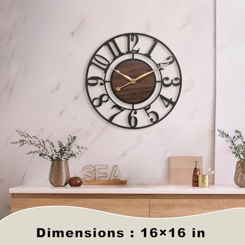 16 Inch Black Arabic Numeral Large Wall Clock with Walnut Dial - color: Brown, size: 16 Inch