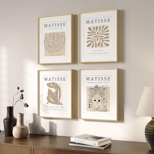 Framed Neutral Beige Matisse Minimalist Wall Art for Bathroom, 11x14 Inch - color: Neutral, size: 11" W x 14" H x 4Pcs