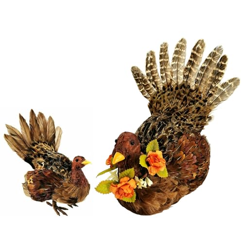naturevibe 10/6.5 Inch Set of 2 Thanksgiving Feathered Turkey Decorations - style: Turkey Family-Set of 2