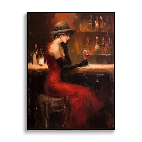 BZBIUI Vintage Wall Art, Woman in Red Dress at Bar, Framed Canvas, 16 x 24 - color: Fashionable Girl, size: 24"L x 16"W