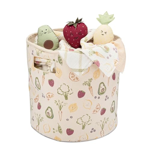 Crane Baby Clementine Canvas Storage Bin, Nursery Hamper and Baby Storage Basket for Toys, Clothes, and Diapers, Toy Baskets, Fabric Nursery Basket, Garden Fruits and Veggies Print, 13" x 12" - size: 13 x 12 Inches, style: Fruits & Veggies