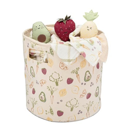 Crane Baby Clementine Canvas Storage Bin, Nursery Hamper and Baby Storage Basket for Toys, Clothes, and Diapers, Toy Baskets, Fabric Nursery Basket, Garden Fruits and Veggies Print, 13" x 12" - size: 13 x 12 Inches, style: Fruits & Veggies