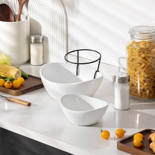 MALACASA 2 Tier Chip and Dip Serving Set with Metal Stand,Ceramic Appetizer Bowls for Party, Multi-Use Food Display for Fruits, Snacks,White Elegant Tiered Serving Dishes for Party - color: White
