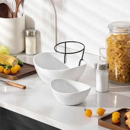 MALACASA 2 Tier Chip and Dip Serving Set with Metal Stand,Ceramic Appetizer Bowls for Party, Multi-Use Food Display for Fruits, Snacks,White Elegant Tiered Serving Dishes for Party - color: White