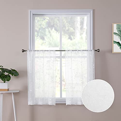 Tollpiz Leaves Sheer Tier Curtain White Leaf Embroidery Kitchen Half Curtains Rod Pocket Voile Faux Linen Embroidered Leaves Curtain for Bathroom, 30 x 36 inches Long, Set of 2 Panels - color: White, size: 30"W x 36"L (Pack of 2)