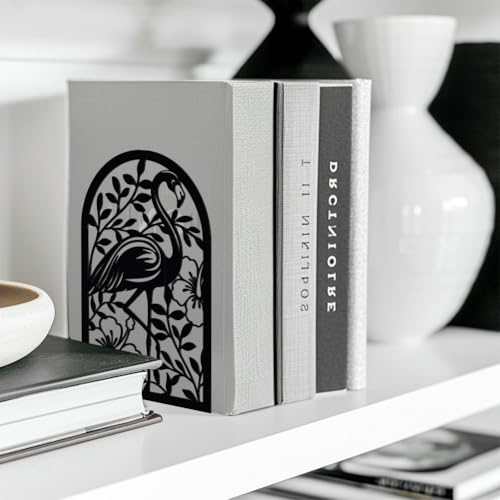 Peacoblue 5.3"x4.3"x7.9" Metal Bookends, Heavy Duty Book Ends for Shelves - style: Flamingo and Tropical Plant