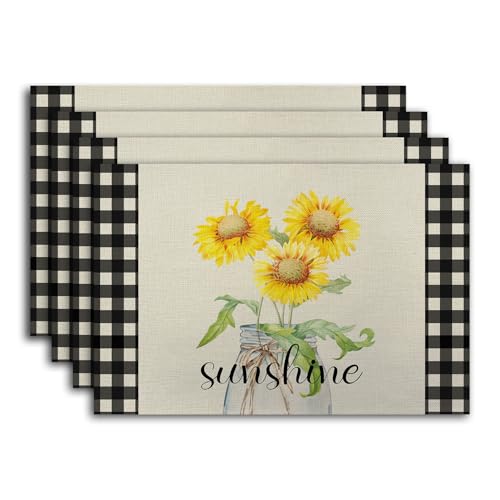 Buffalo Plaid Sunshine Sunflower Placemats, Resistant Place Mats Kitchen Decor Dining Decoration for Party, Sunflower Kitchen Decor Placemats Set of 4（ Sunshine ） -03 - style: Sunflower 3