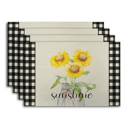 Buffalo Plaid Sunshine Sunflower Placemats, Resistant Place Mats Kitchen Decor Dining Decoration for Party, Sunflower Kitchen Decor Placemats Set of 4（ Sunshine ） -03 - style: Sunflower 3
