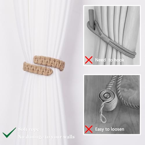 NICEEC 2 Pack Natural Cotton Rope Curtain Tiebacks Farmhouse Rustic Style Decorative Drape Tie Backs Handmade Braided Curtain Holdbacks for Home & Office Sheer/Light Weight Drapery (C-Dark Beige-L) - color: Dark Beige-large, size: 2 Pack