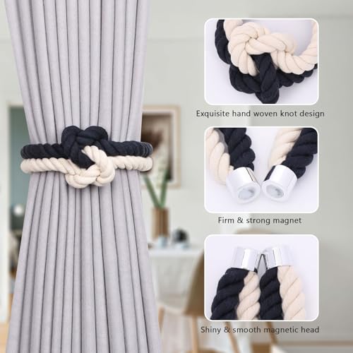 NICEEC Cotton Rope Magnetic Curtain Tiebacks, 4 Pack, Dark Blue & Beige - color: Dark Blue & Beige, size: 4 Pack