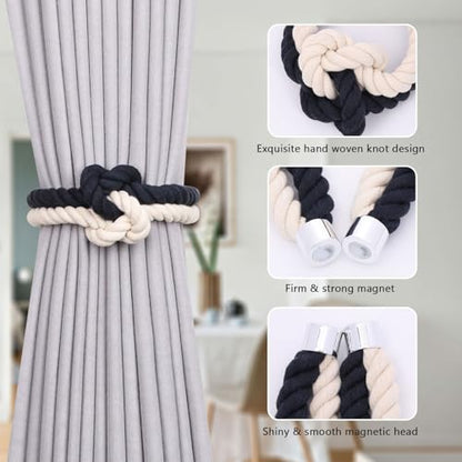 NICEEC Cotton Rope Magnetic Curtain Tiebacks, 4 Pack, Dark Blue & Beige - color: Dark Blue & Beige, size: 4 Pack