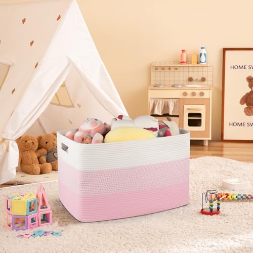 OIAHOMY 108L Extra Large Blanket Basket Dog Toy Basket Pink&White - color: Pink&White