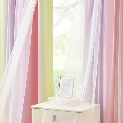 Pink Yellow Purple Blackout Curtains with Sheer Overlay for Girls Bedroom - color: Blackout-pink Purple Yellow, size: 34"W x 63"L (Pack of 2)