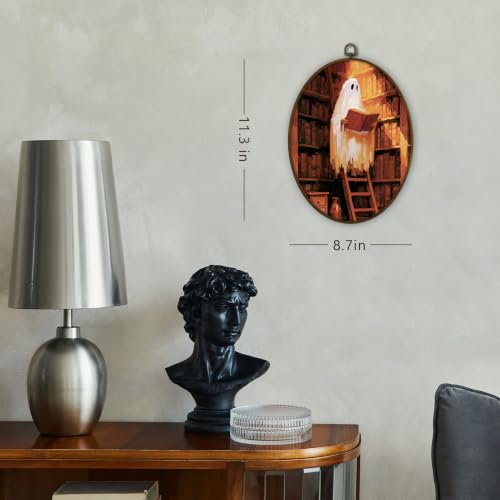 Gnmduw Halloween Ghost Library Oval Wall Art Framed Decor, 8.7x11.3 In - color: library, size: 11.3"L x 8.7"W